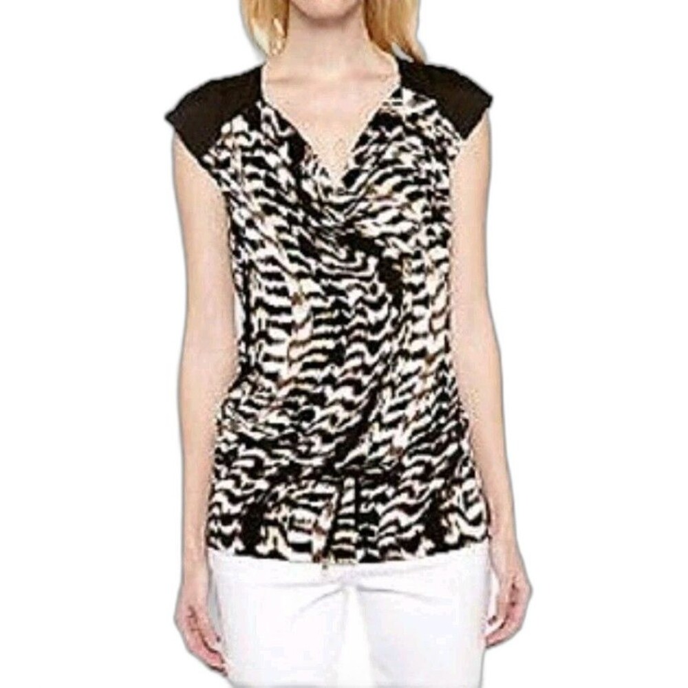 Calvin Klein Cowl Neck Top Size S Black Beige Brown Sleeveless Drawstring Waist